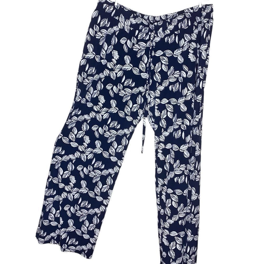Magnolia Grace Wm’s Sz XL Navy Blue White Leaf Design Flowy Wide Leg Pants